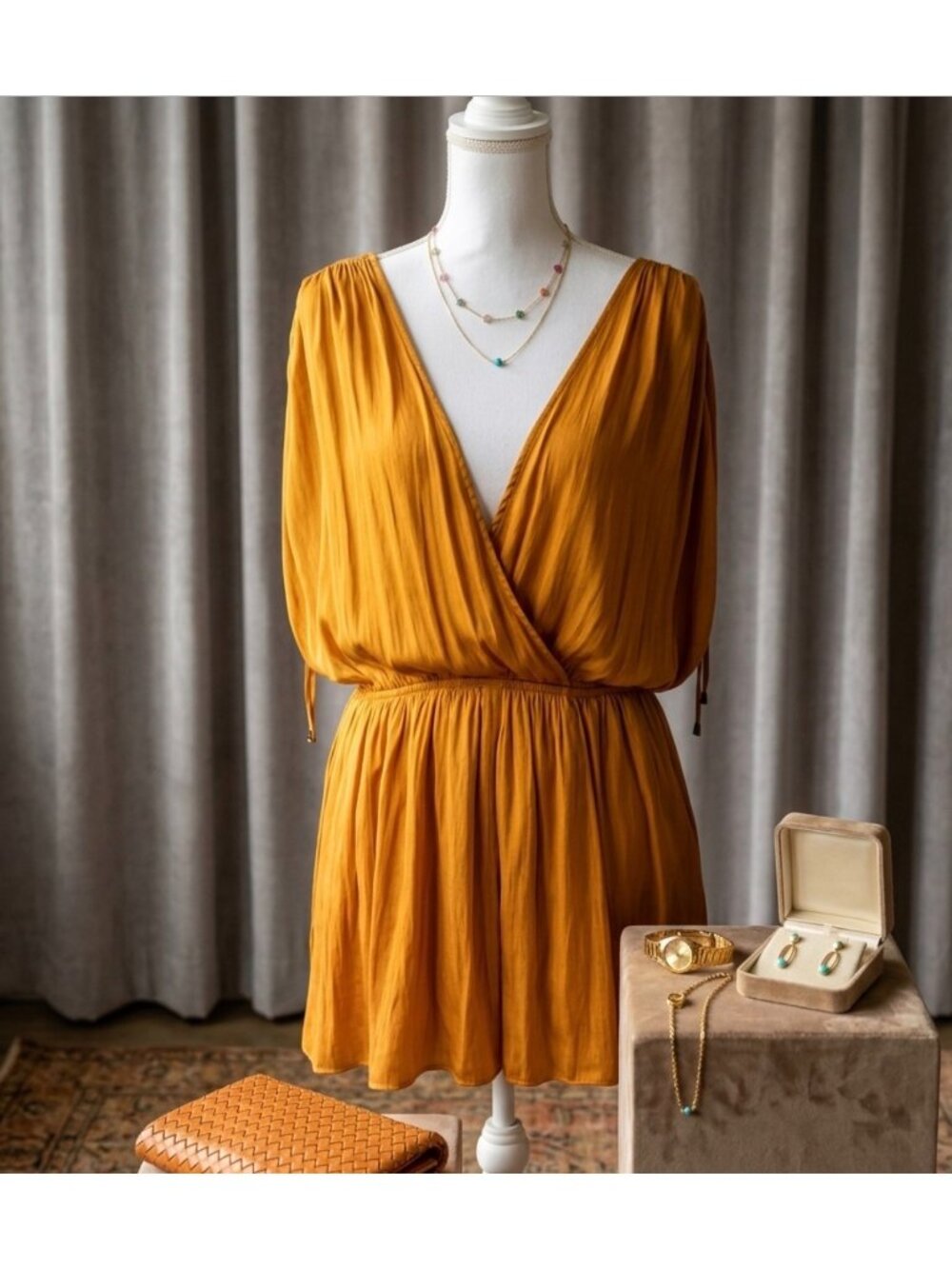 C’isa Golden Mustard Wrap short Dress size M  With Elastic Waist & Balloon